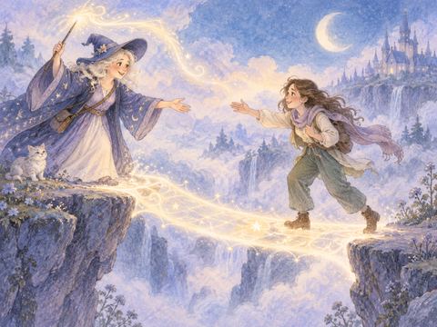 魔法の光で友人を危険な場所から助け出す女性の魔法使い