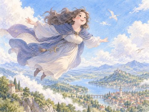 魔法で青空を飛びながら楽しそうに笑う女性の魔法使い