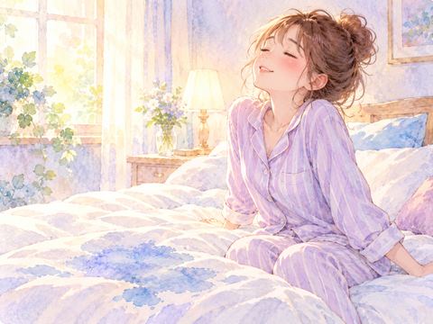 濡れたシーツの上で安堵の表情を浮かべる女性