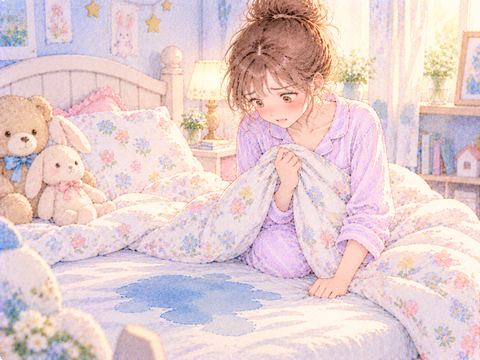 子供用の柄の布団でおねしょに気づく大人の女性
