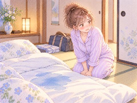 見知らぬ客間の濡れた布団を前に困惑する女性