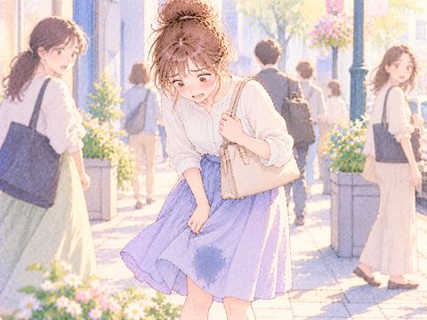 街中で服の濡れた部分に気づき慌てる女性