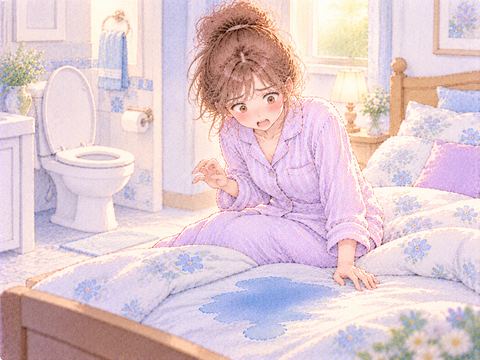 トイレにいると思っていたのに濡れた布団で驚く女性