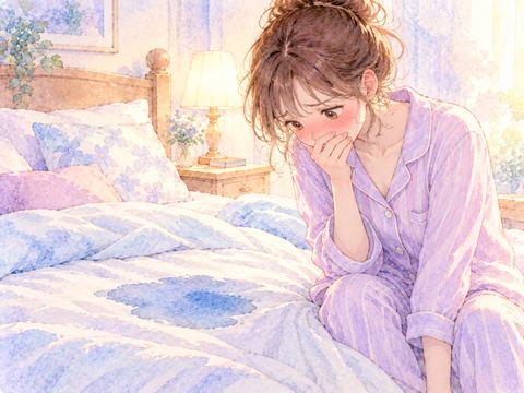 濡れた布団を前に頬を赤らめてうつむく女性