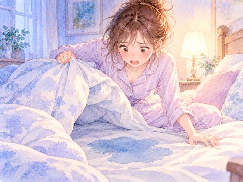 濡れたシーツに気づき慌てて起き上がる女性