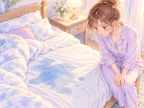 布団に広がった水染みを見つめて困惑する女性