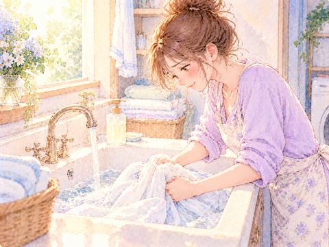 濡れたシーツを洗面台で丁寧に洗う女性