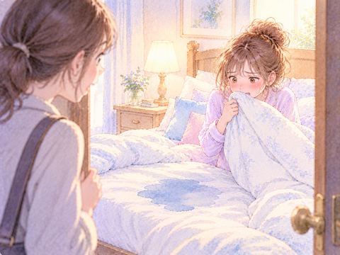 濡れた布団を知人に見られ恥ずかしがる女性