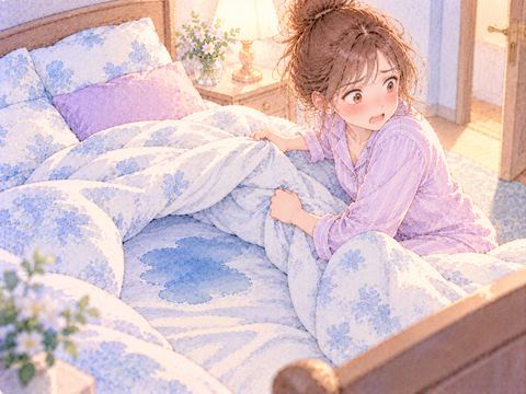 濡れたシーツを掛け布団で隠そうとする女性
