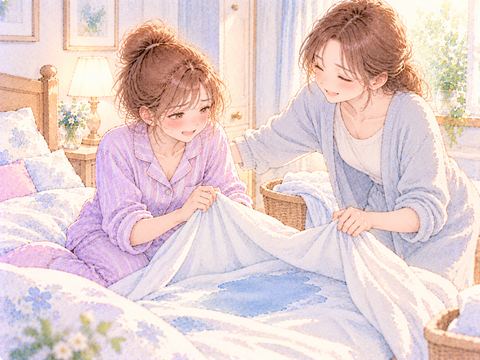 濡れたシーツを片付ける女性を別の女性が優しく手伝う場面