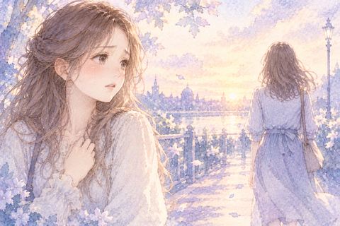 親友の背中を悲しそうに見つめる女性