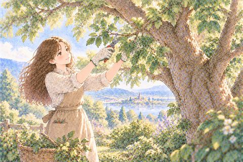 大きな木の枝を剪定する女性