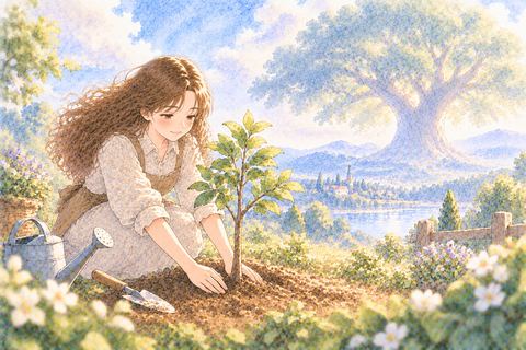 若い木を土に植える大人の女性