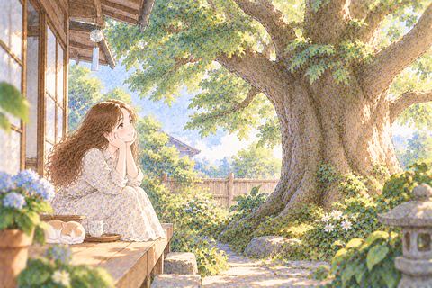 家の庭に立つ大きな木と女性