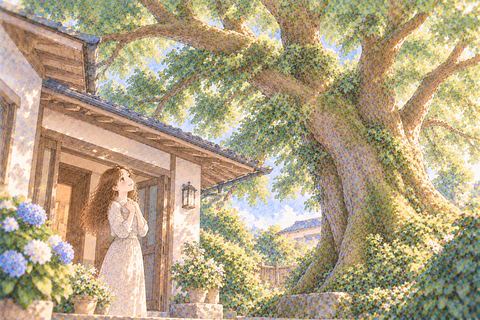 家のそばから大きく育つ木を見る女性