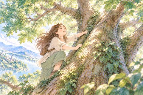 大きな木の幹を登る大人の女性