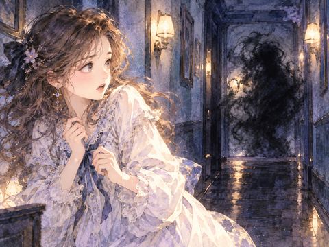暗い廊下の黒い塊を見て不安そうに後ずさる女性