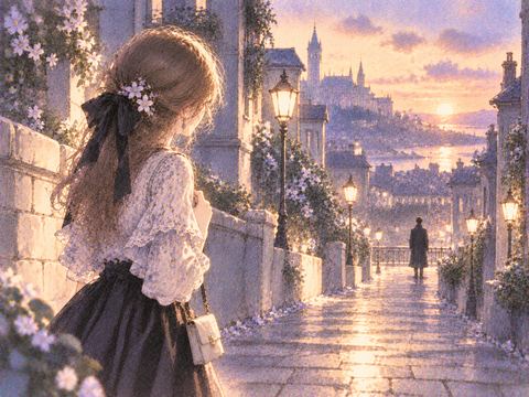 長い道の先の黒い人影を遠くから見つめる女性
