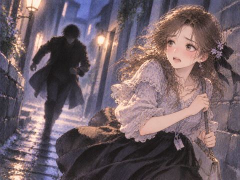 黒い人影に追われ薄暗い路地を走る女性