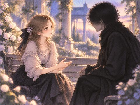 黒い人影と向かい合って静かに話す女性