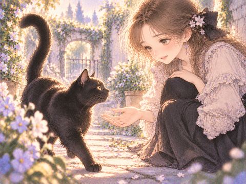 庭で近づいてきた黒猫を優しく見つめる女性