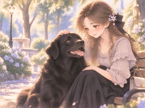 穏やかな黒い犬が女性の隣に寄り添って座る場面