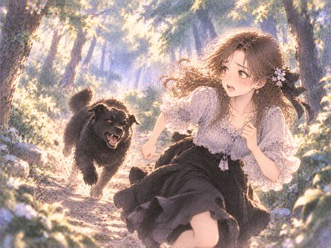黒い大型犬に追われて森の小道を走る女性