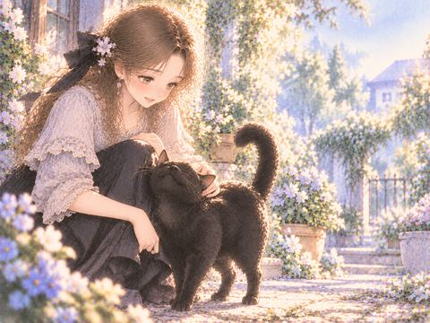 足元に甘える黒猫を優しくなでる女性
