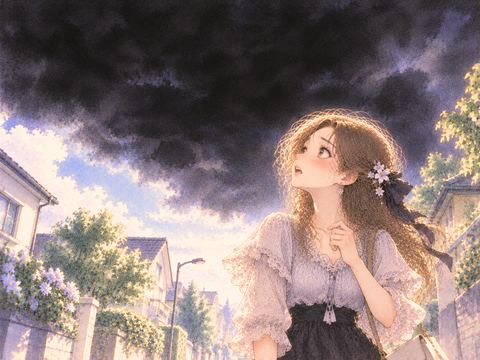 突然真っ黒になった空を驚いて見上げる女性