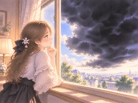 広がる黒い雲を窓辺から不安そうに眺める女性