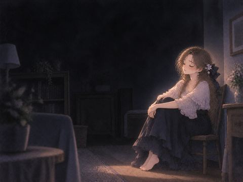 真っ黒な静かな部屋で穏やかに座る女性