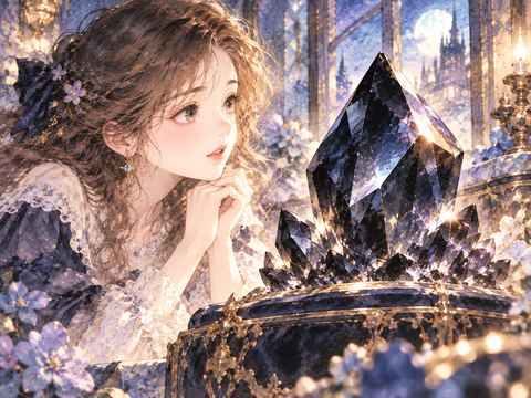 輝く漆黒の結晶をうっとりと見つめる女性