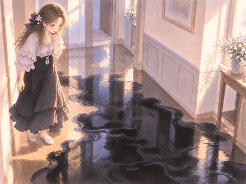 床に静かに広がる黒い水を見つめる女性
