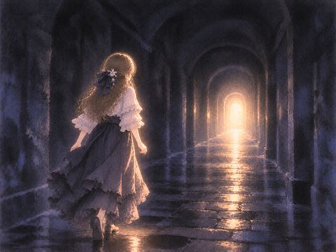 暗闇の奥に見える小さな光へ歩き出す女性