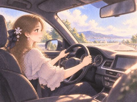 黒い車のハンドルを握り落ち着いて運転する女性