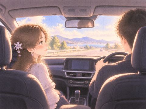 知人が運転する黒い車の助手席で安心する女性