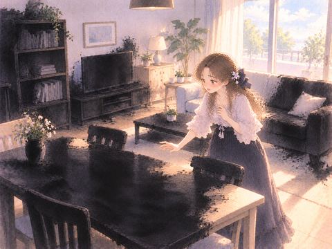 家具が次々と黒くなる部屋で驚く女性