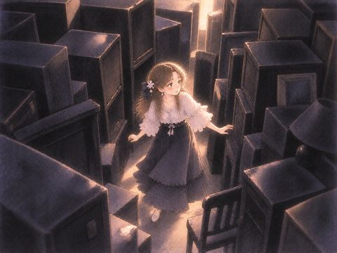 黒い箱や家具に囲まれ出口を探す女性