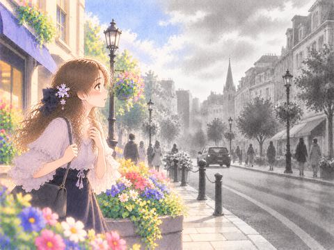 街の景色が白黒へ変わる様子に戸惑う女性