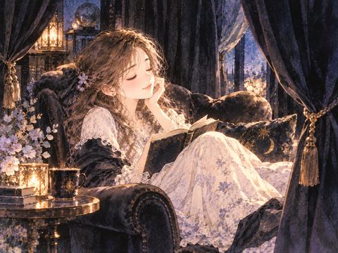 静かな黒いカーテンのそばで穏やかにくつろぐ女性