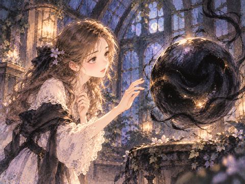 不思議な黒い球体を怖がりながら見つめる女性