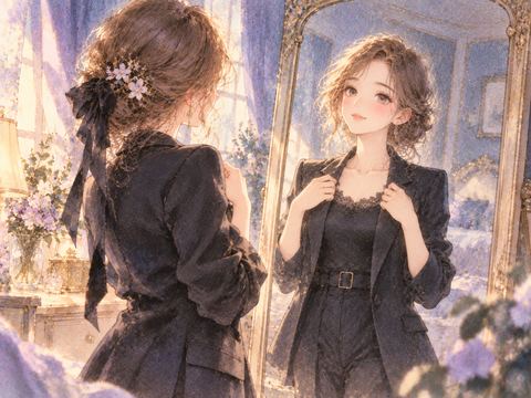 黒いジャケットを着て鏡の前で背筋を伸ばす女性