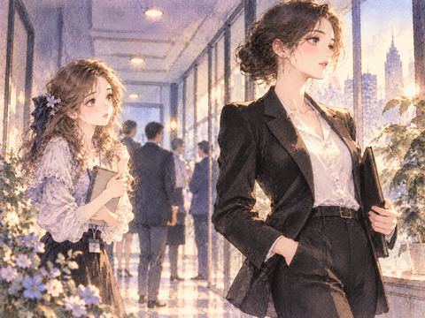 黒いスーツ姿の人物を少し離れて見つめる女性