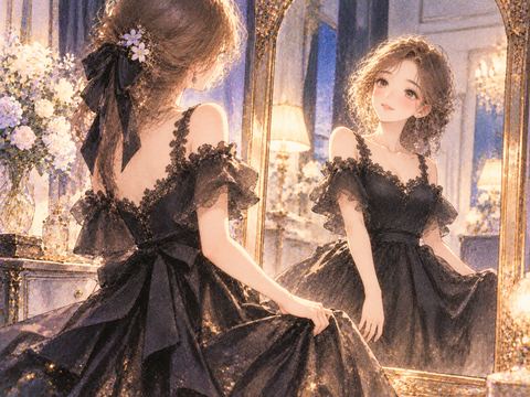 黒いドレスを着て鏡の前で嬉しそうに微笑む女性