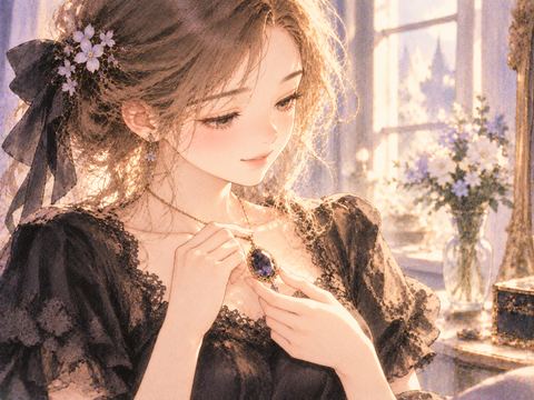 黒い宝石のネックレスを胸元で大切そうに持つ女性