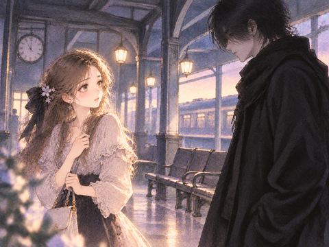 黒い姿の人物と向かい合い戸惑う女性