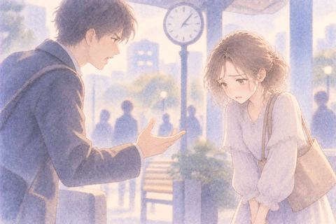 待ち合わせに遅れて責められる女性