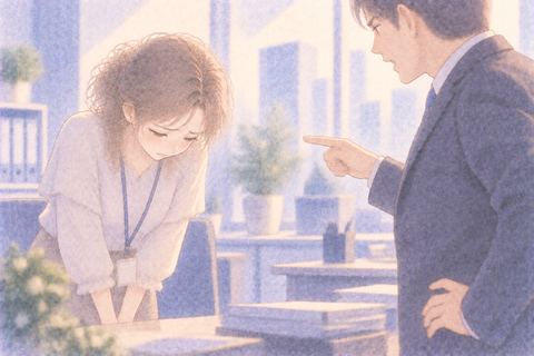 責められて頭を下げて謝る女性