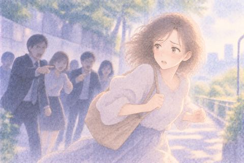 責める人影から離れるように走る女性