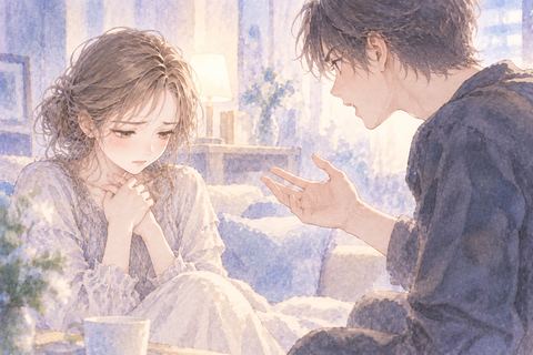 恋人に責められて悲しそうにする女性